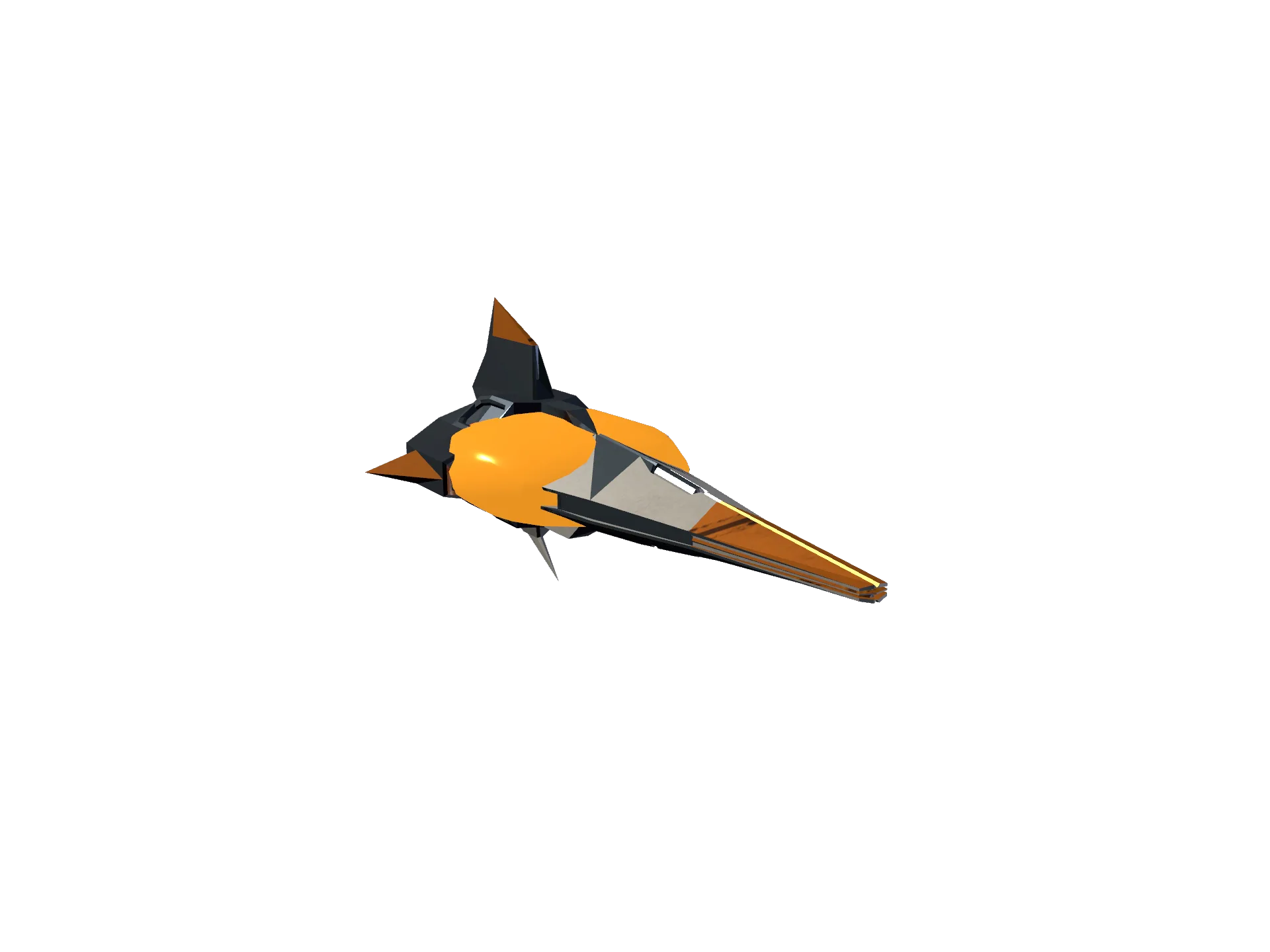 Front-left in-engine render of the Huia I advanced Fighter, with pale armor, dark seams, cyan energy cavities and orange-red crown rings.