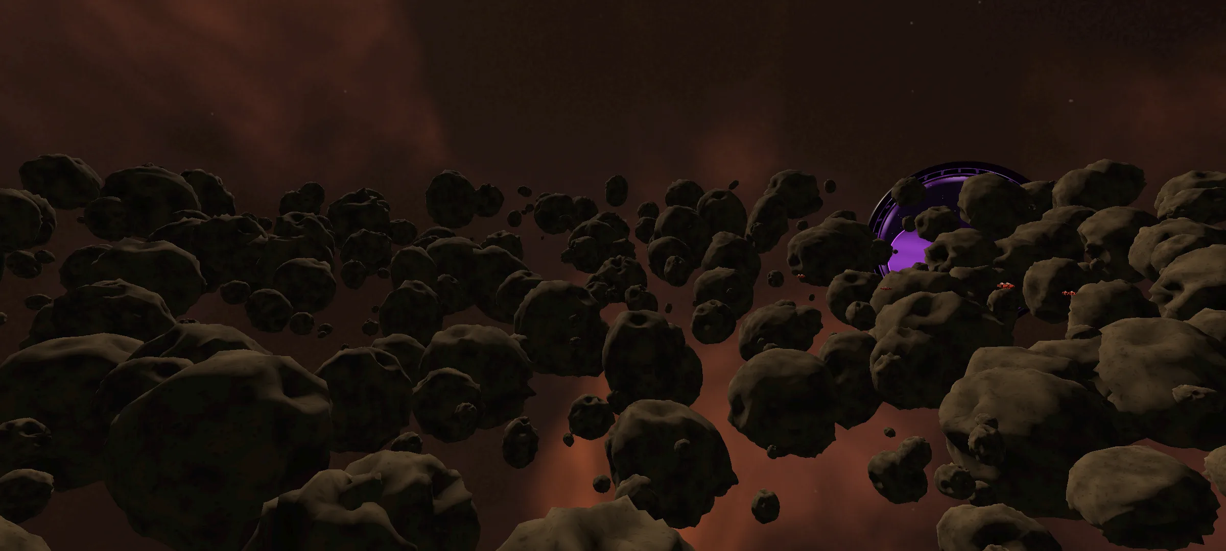 A dense asteroid field in Ashen Sol with a purple portal visible through the rocks.