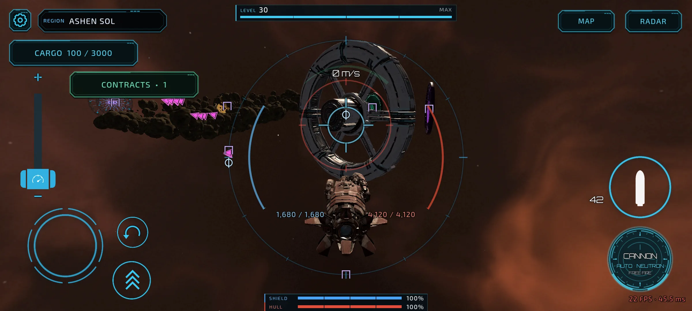 A pilot approaches Aurelia Cylinder station in Ashen Sol, with an asteroid field behind it.