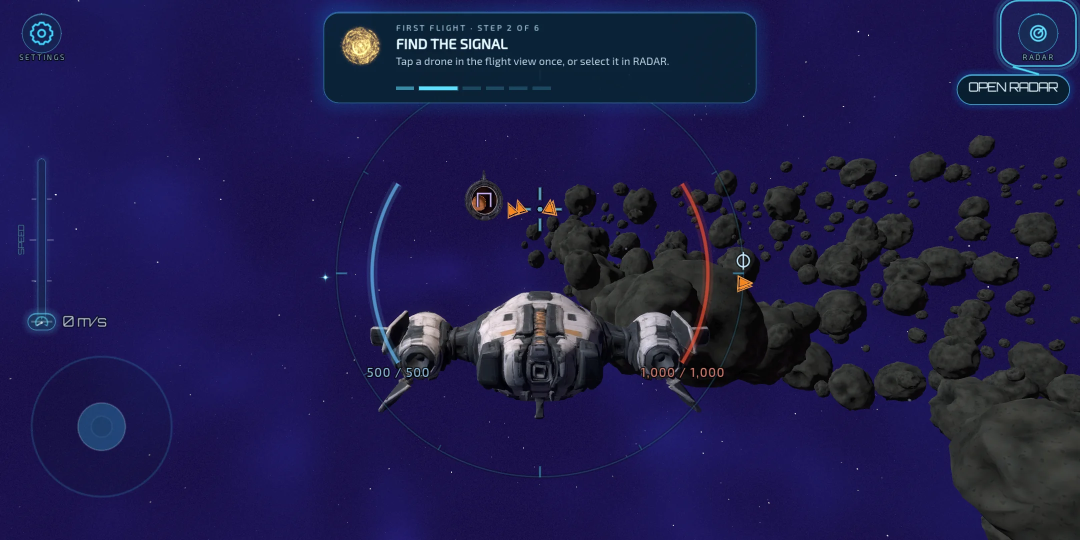 LIA guides a new pilot through an asteroid field during the first flight.