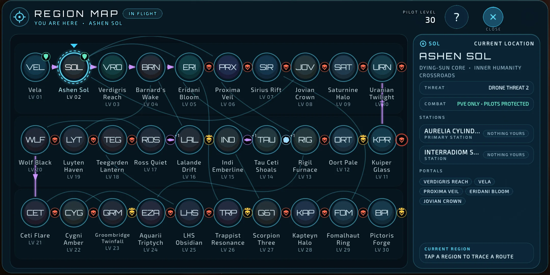 Current region map with routes, level ranges and Ashen Sol selected.