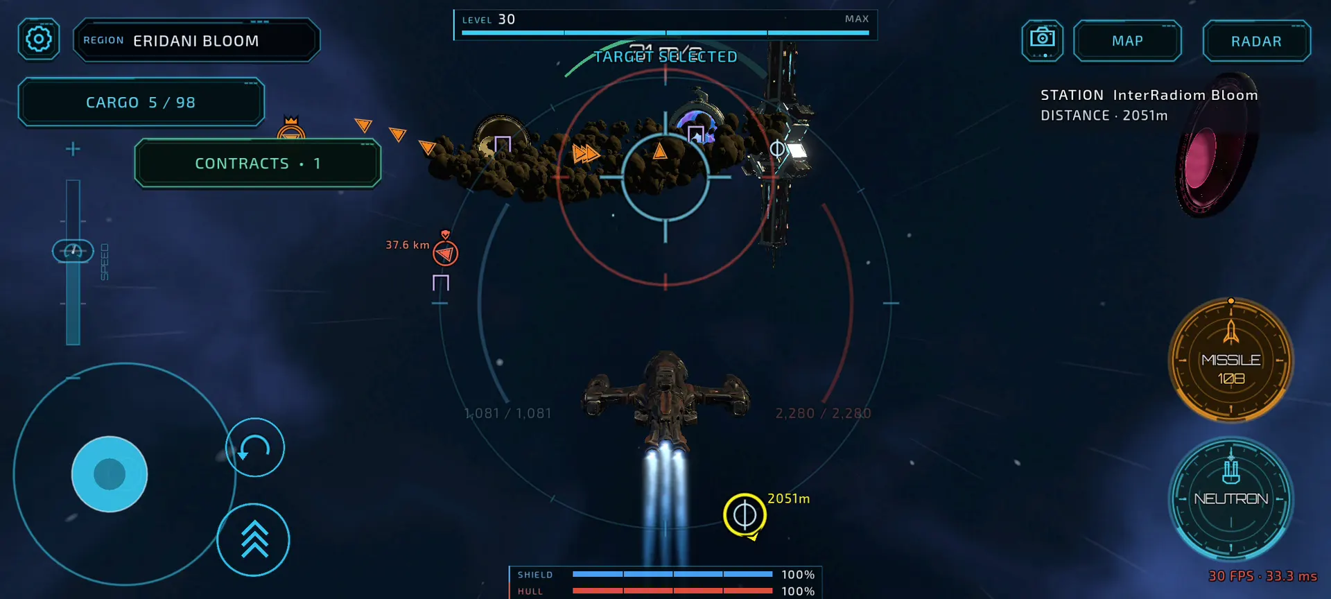 Dark Whale I flying away from InterRadiom Bloom in Eridani Bloom with live blue engine plumes.