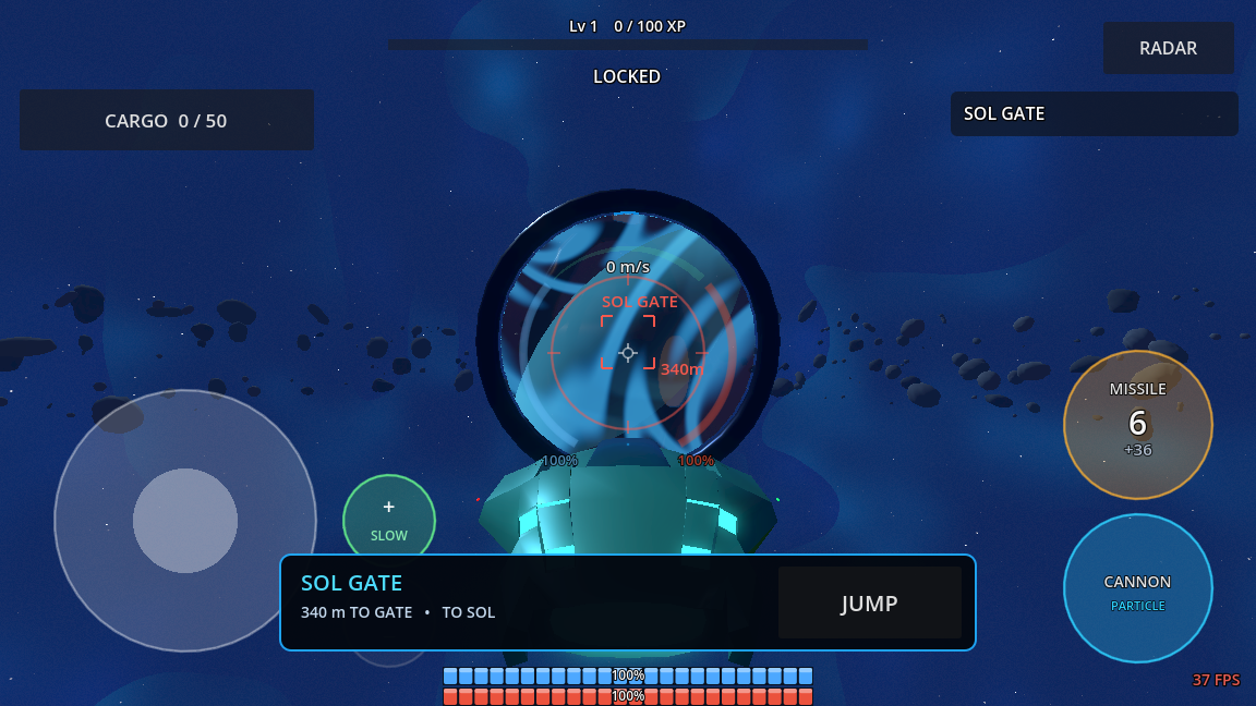 Error Solis development build showing a ship approaching the Sol Gate from The Nursery, with touch controls and the JUMP action visible.