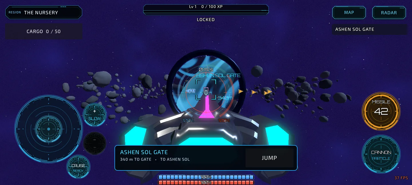 Current Error Solis development build showing the Bullfrog-based Heath I approaching the Ashen Sol Gate from The Nursery, with the circular touch cockpit and JUMP action visible.