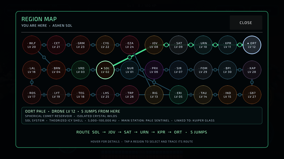 The current in-game region map showing thirty linked destinations and a route from Ashen Sol to Oort Pale.