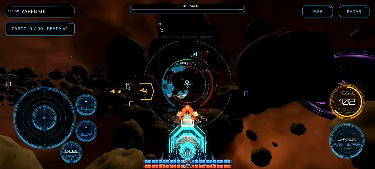 Jogabilidade real de Error Solis com a nave Artillery Tier III Archerfish I a disparar o seu feixe Neutron contra um asteroide de Ashen Sol, com Aurelia Cylinder visível.