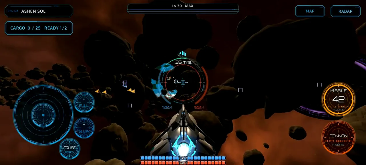 Three advanced Error Solis spacecraft flying through the Area 51 asteroid field in the live mobile cockpit.