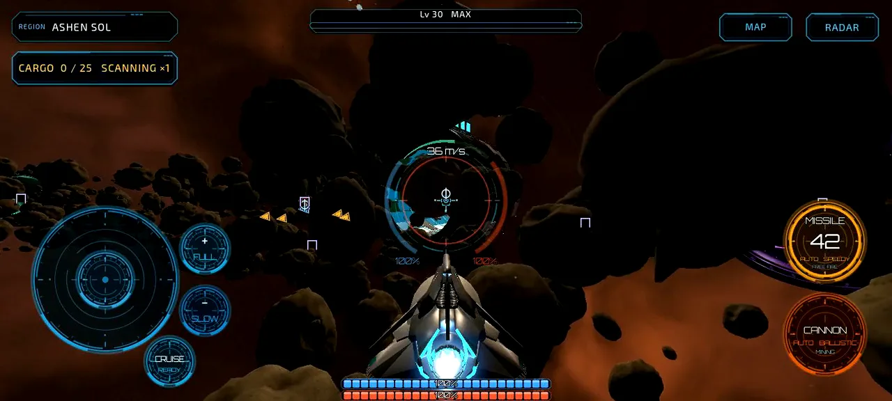 Jogabilidade real de Error Solis com o Fighter Tier III Diom a disparar o canhão Ballistic na cintura de Ashen Sol, com Aurelia Cylinder visível a estibordo.